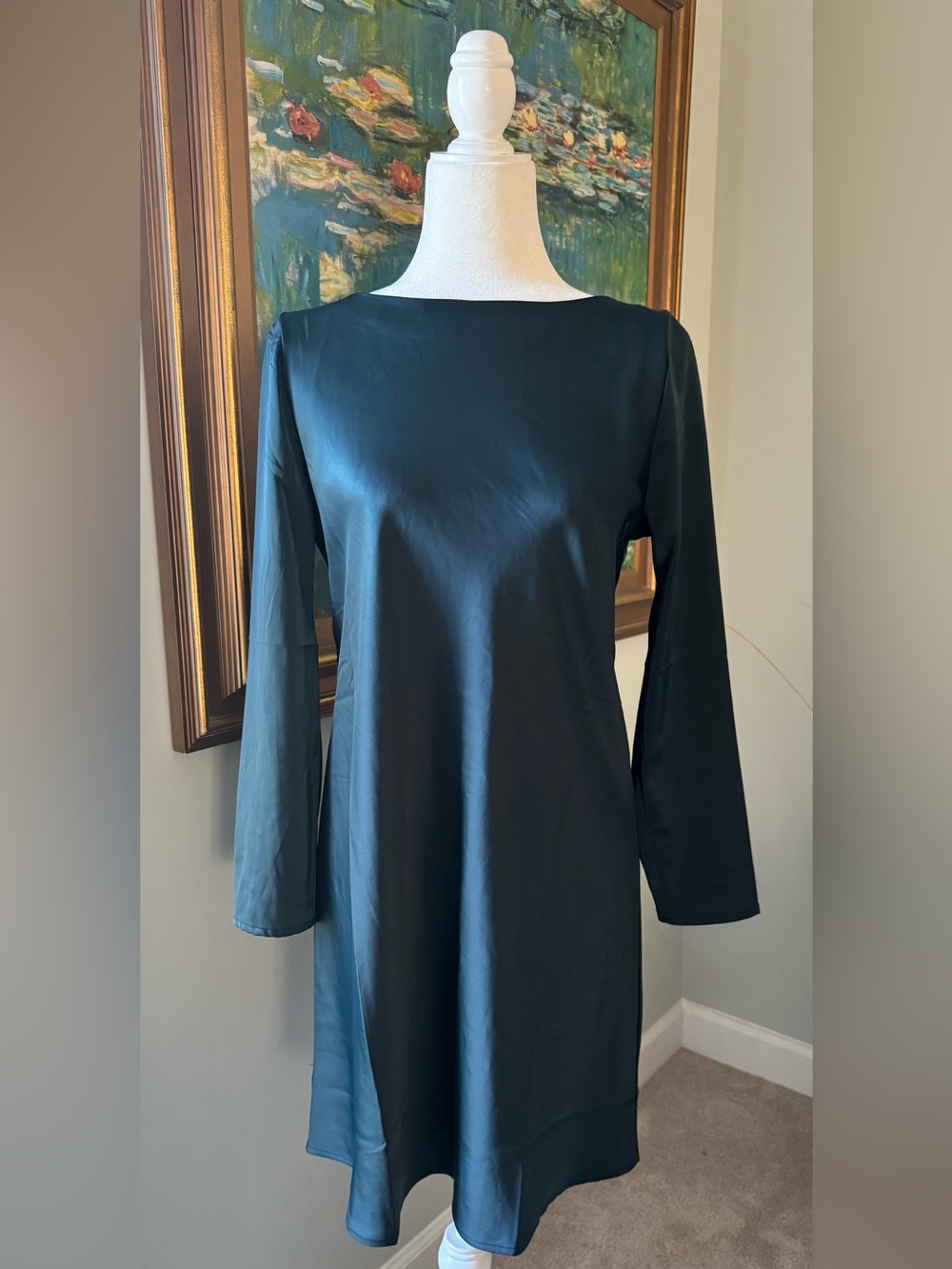Peacock Blue Satin Open Back Long Sleeve Mini Dress Size S NWT
